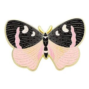 Vintage Style Black, Pink & Gold Celestial Butterfly Moth Enamel Pin Brooch